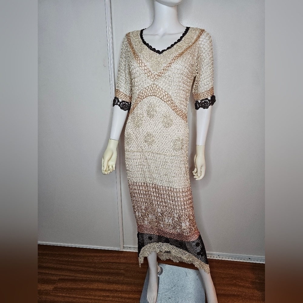 Vtg Y2k Kroshetta By Papillon Crochet Knit Midi Dress Women’s L Cream Beaded